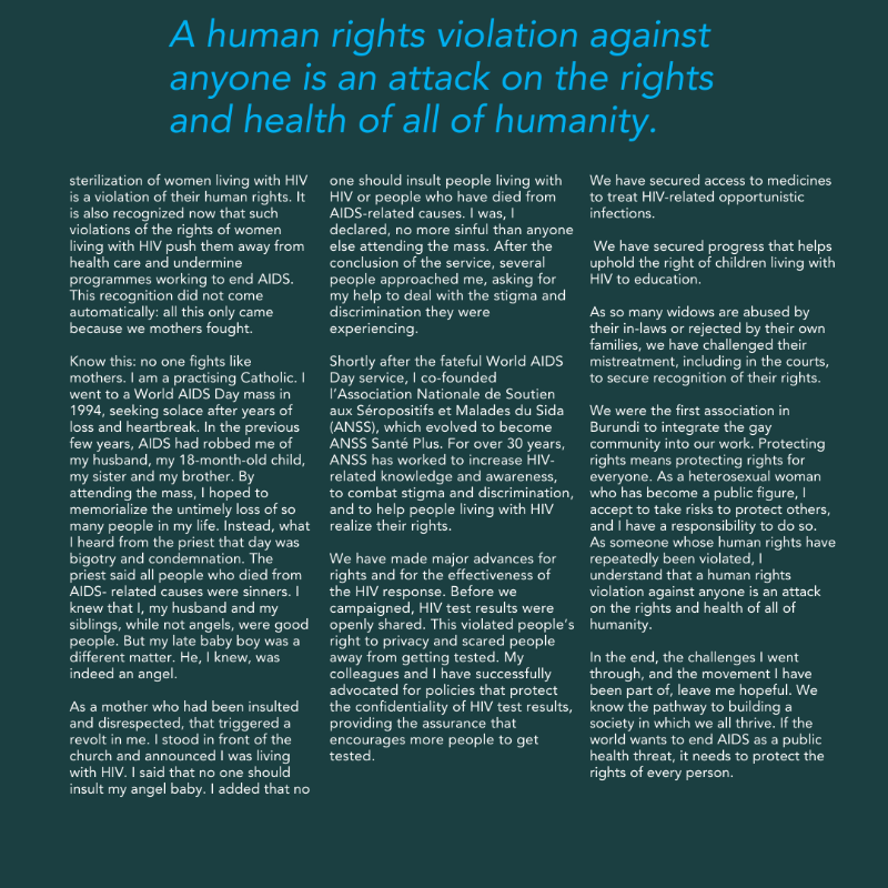 UNAIDS's tweet photo. "As someone whose human rights have repeatedly been violated, I understand that a human rights violation against anyone is an attack on the health and well being of all of humanity." 
 
Read @GapiyaJ's story in the new #WorldAIDSDay2024 report: https://t.co/VgSTqR6QYe