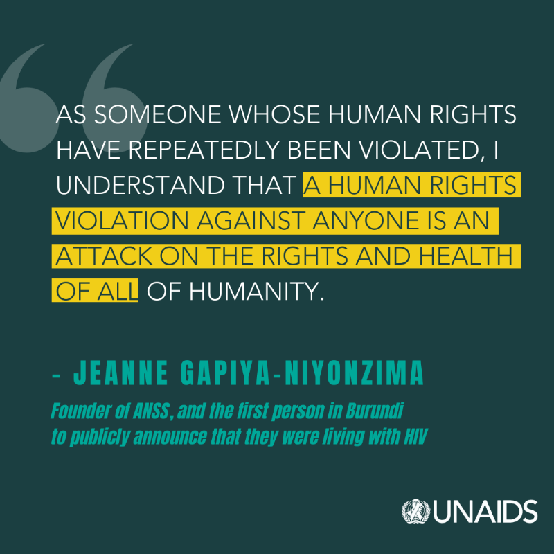 UNAIDS's tweet photo. "As someone whose human rights have repeatedly been violated, I understand that a human rights violation against anyone is an attack on the health and well being of all of humanity." 
 
Read @GapiyaJ's story in the new #WorldAIDSDay2024 report: https://t.co/VgSTqR6QYe