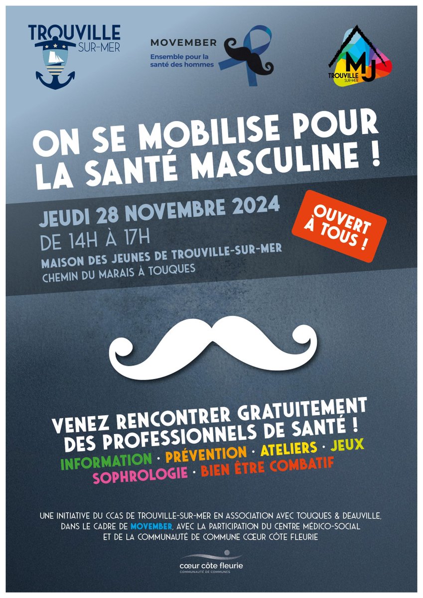 Venez à la rencontre de professionnels de santé et découvrez des ateliers, des jeux et des conseils autour de la prévention, de la santé masculine et du bien-être ! 🥸

Une initiative du CCAS de Trouville-sur-Mer, en collaboration avec les CCAS de Touques et Deauville.