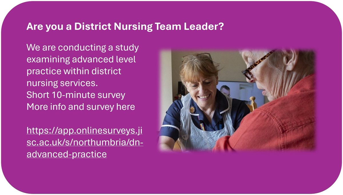 🔊Calling all District Nursing Team Leaders! 

Please complete this short 10-minute survey on advanced level practice withing district nursing services.✅

Your responses are greatly appreciated 👉
app.onlinesurveys.jisc.ac.uk/s/northumbria/…
