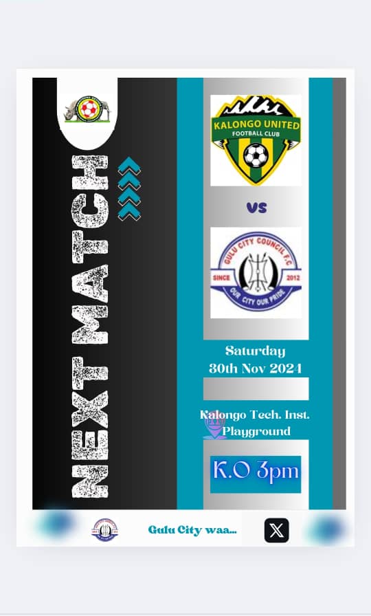UP NEXT ✅
Saturday 
30th Nov.2024
Venue :Kalongo Tech Inst Playground 

GULU CITY COUNCIL FC Vs KALONGO UNITED FC