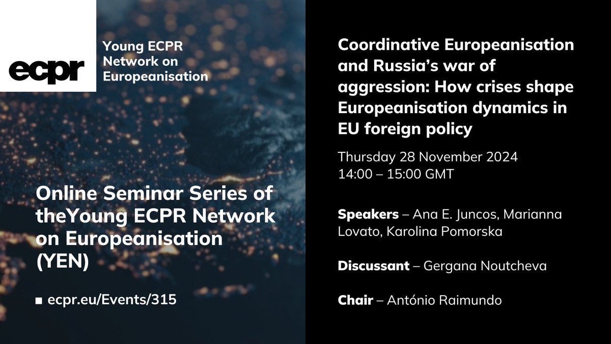 Marianna Lovato (@lovatomary_95) on Twitter photo Join <a href="/aejuncos/">Ana E. Juncos</a> , <a href="/Karolka55/">Dr Karolina Pomorska</a> and myself tomorrow for a discussion of our paper – Coordinative Europeanization and Russia's war of aggression – at the Young <a href="/ECPR/">European Consortium for Political Research</a> Network on Europeanization
With the brilliant <a href="/GNoutcheva/">Gergana Noutcheva</a> as discussant! 😁 Join <a href="/aejuncos/">Ana E. Juncos</a> , <a href="/Karolka55/">Dr Karolina Pomorska</a> and myself tomorrow for a discussion of our paper – Coordinative Europeanization and Russia's war of aggression – at the Young <a href="/ECPR/">European Consortium for Political Research</a> Network on Europeanization
With the brilliant <a href="/GNoutcheva/">Gergana Noutcheva</a> as discussant! 😁