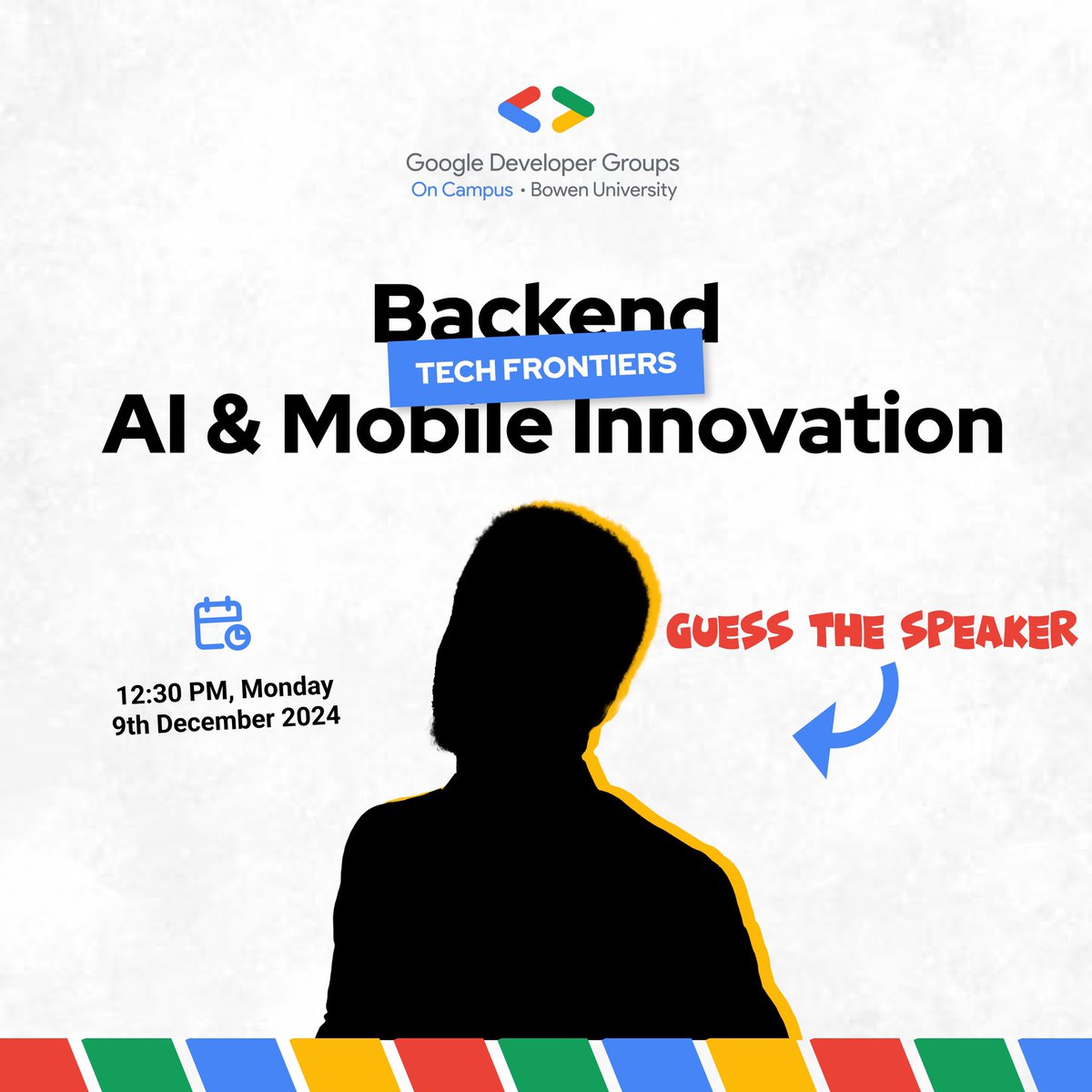 gdgoc_bowen's tweet image. Are you curious about backend engineering, AI, or mobile innovation? Then you don’t want to miss this! Join us on December 9, 2024, for Tech Frontiers: Backend, AI &amp;amp; Mobile Invention. Can you guess who the speaker is?👀 #gdgoncampusbowen #techfrontiers