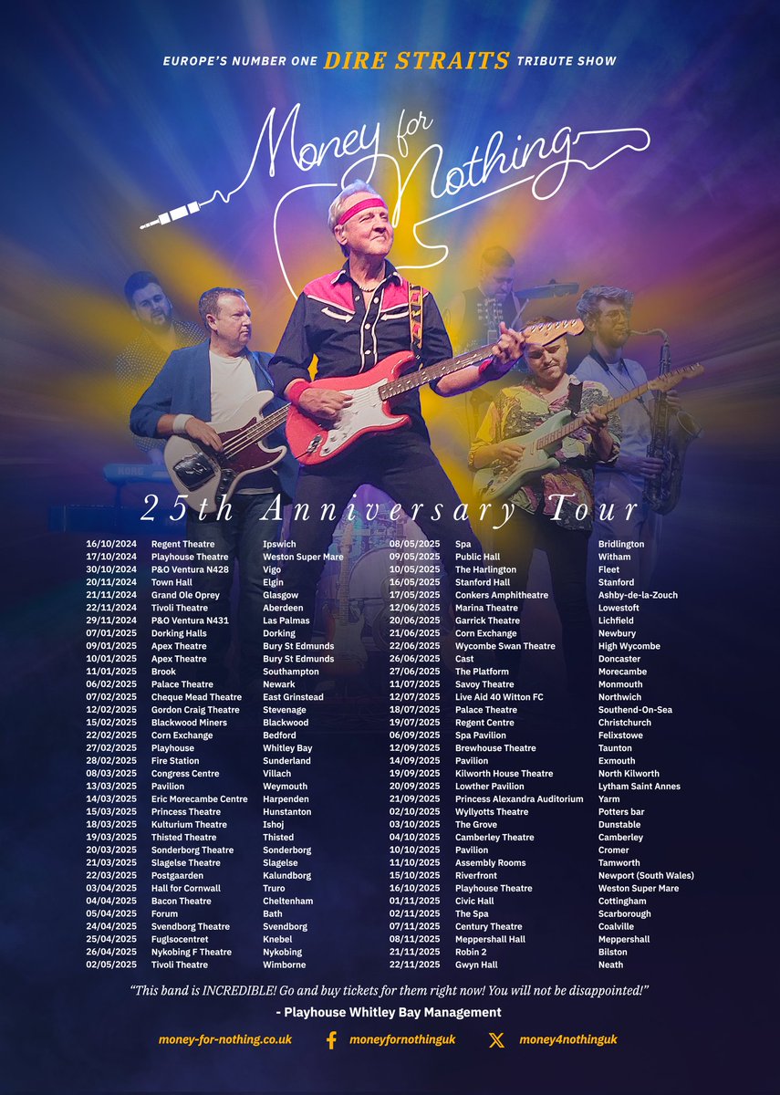 25th Anniversary tour 2025 it's going to be solid rocking!! Get tics for you and your friends!! More dates to follow!! #DireStraits #England #Wales #Denmark #Markknopfler <a href="/DireStraits77/">Dire Straits 🎸</a> <a href="/gr8musicvenues/">gr8MusicVenues</a> #Theatre money-for-nothing.co.uk/tourdates/