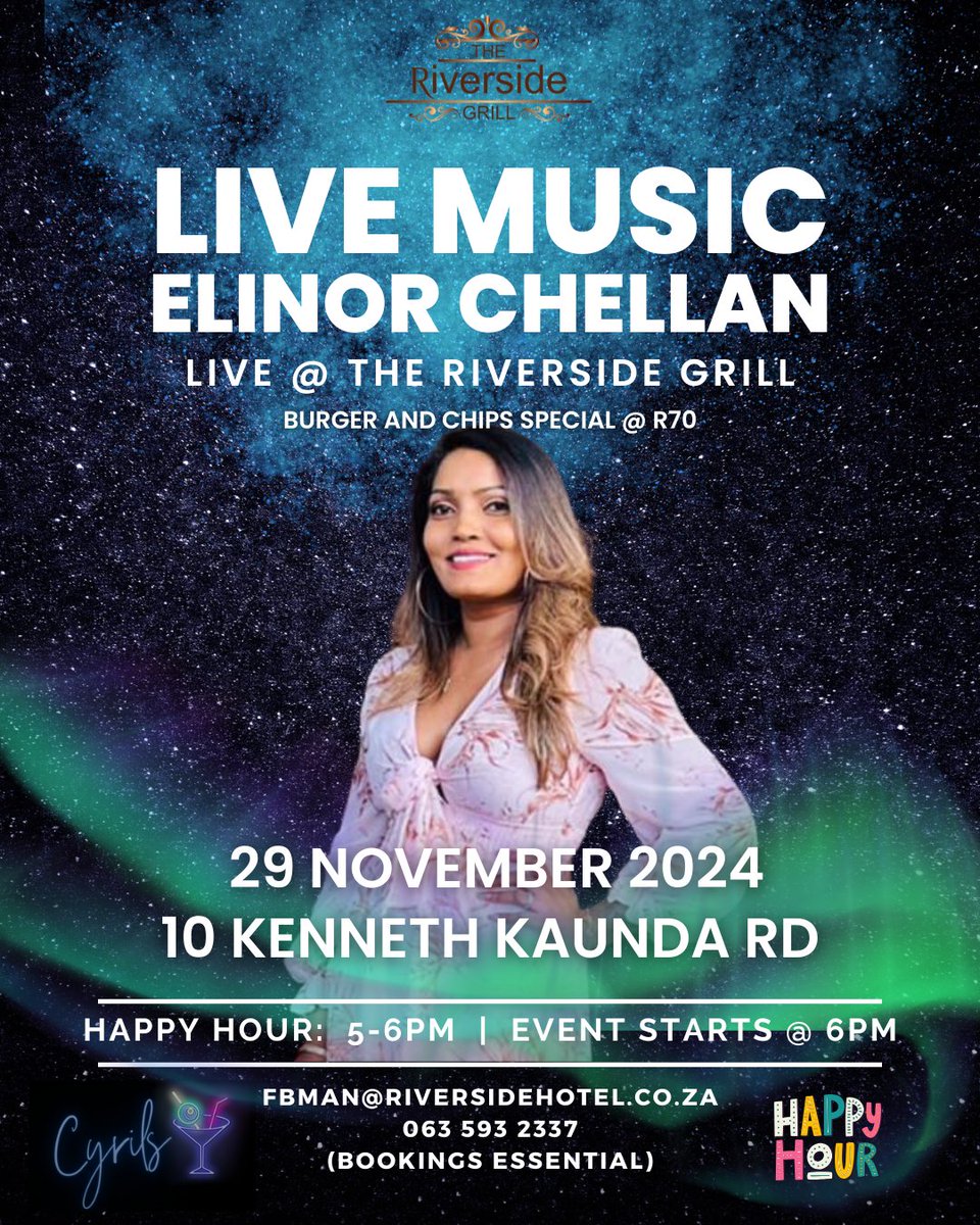 🎶 Live music with Elinor Chellan this Friday, 6-9 PM! End November &amp; #MensMonth with a bang! 🎉 Reserve your table: fbman@riversidehotel.co.za or WhatsApp 063 593 2337. Let’s close the month on a high note! 🎸 #MeetAtTheRiverside #FridayVibes #Movember