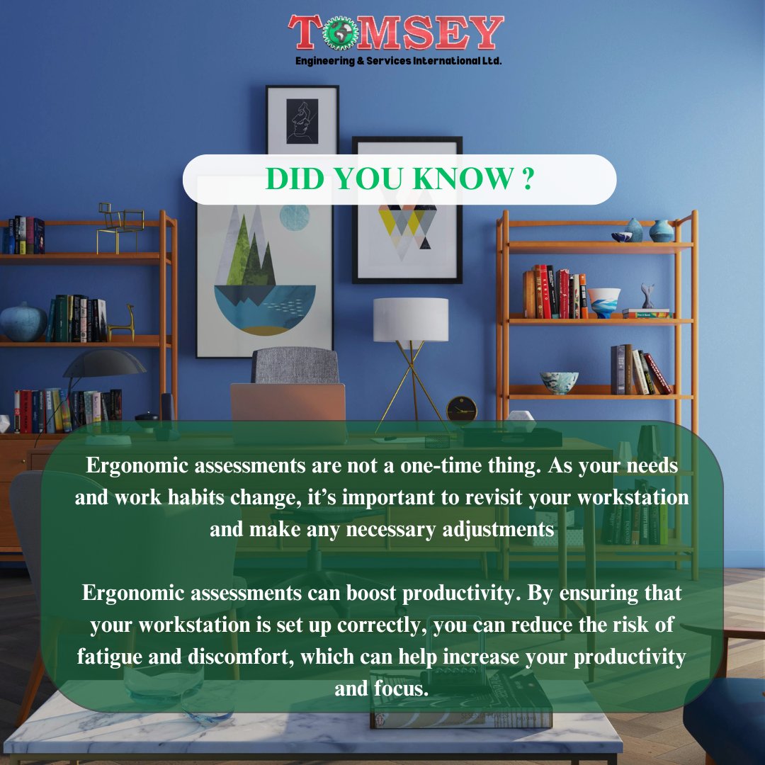 tomseyeng's tweet photo. Ergonomic assessments aren’t one-time fixes! As your work habits change, revisiting your setup can boost productivity and reduce fatigue.

 A well-designed workstation helps you stay focused and healthy.  

#Ergonomics #WorkplaceWellness #Productivity https://t.co/Q1Krxjd0VW