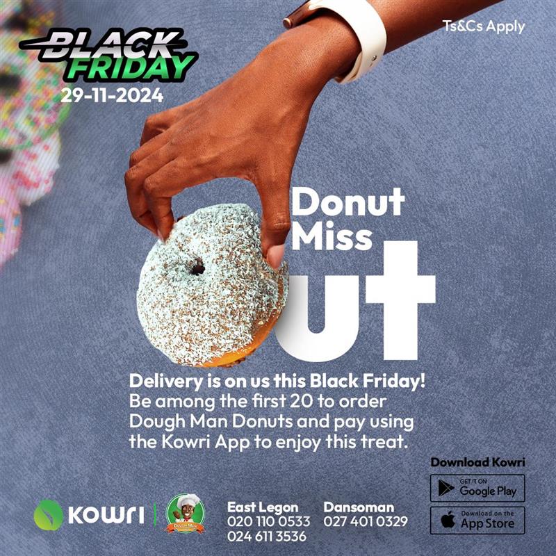 Kowri_app's tweet photo. Black Friday dey bee! Kowri and @dough_man_foods  join forces for amazing one-time deals. This Friday, 29th November 2024, the first 20 people to order Dough Man Donuts and pay with the Kowri App get free delivery within Accra. No long talk—just order, enjoy, and save!

T's & C's
🗓Offer valid only on Friday, 29th November 2024.
🥳Open to all Kowri App users
🏃Limited to the first 20 customers paying via the Kowri App.
🚚Free delivery applies only within Accra.
📲Payment must be completed through the Kowri App.
🙋🏿Each customer is eligible for one entry only