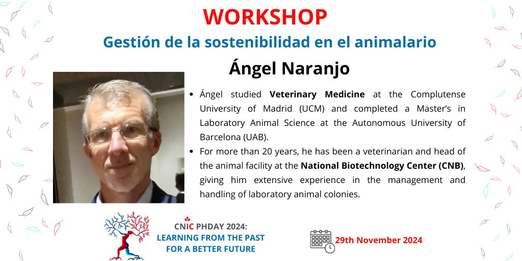 CNIC PhDay (@cnicphday) on Twitter photo 📢 Meet Ángel Naranjo! A veterinarian with over 20 years of experience managing animal facilities at <a href="/CNB_CSIC/">Centro Nacional de Biotecnología (CSIC)</a>. He will share insights on sustainability in lab animal colony management at #CNICPhDay2024. 🐾📅 November 29. Don't miss it! 🌱 #Sustainability #AI 📢 Meet Ángel Naranjo! A veterinarian with over 20 years of experience managing animal facilities at <a href="/CNB_CSIC/">Centro Nacional de Biotecnología (CSIC)</a>. He will share insights on sustainability in lab animal colony management at #CNICPhDay2024. 🐾📅 November 29. Don't miss it! 🌱 #Sustainability #AI