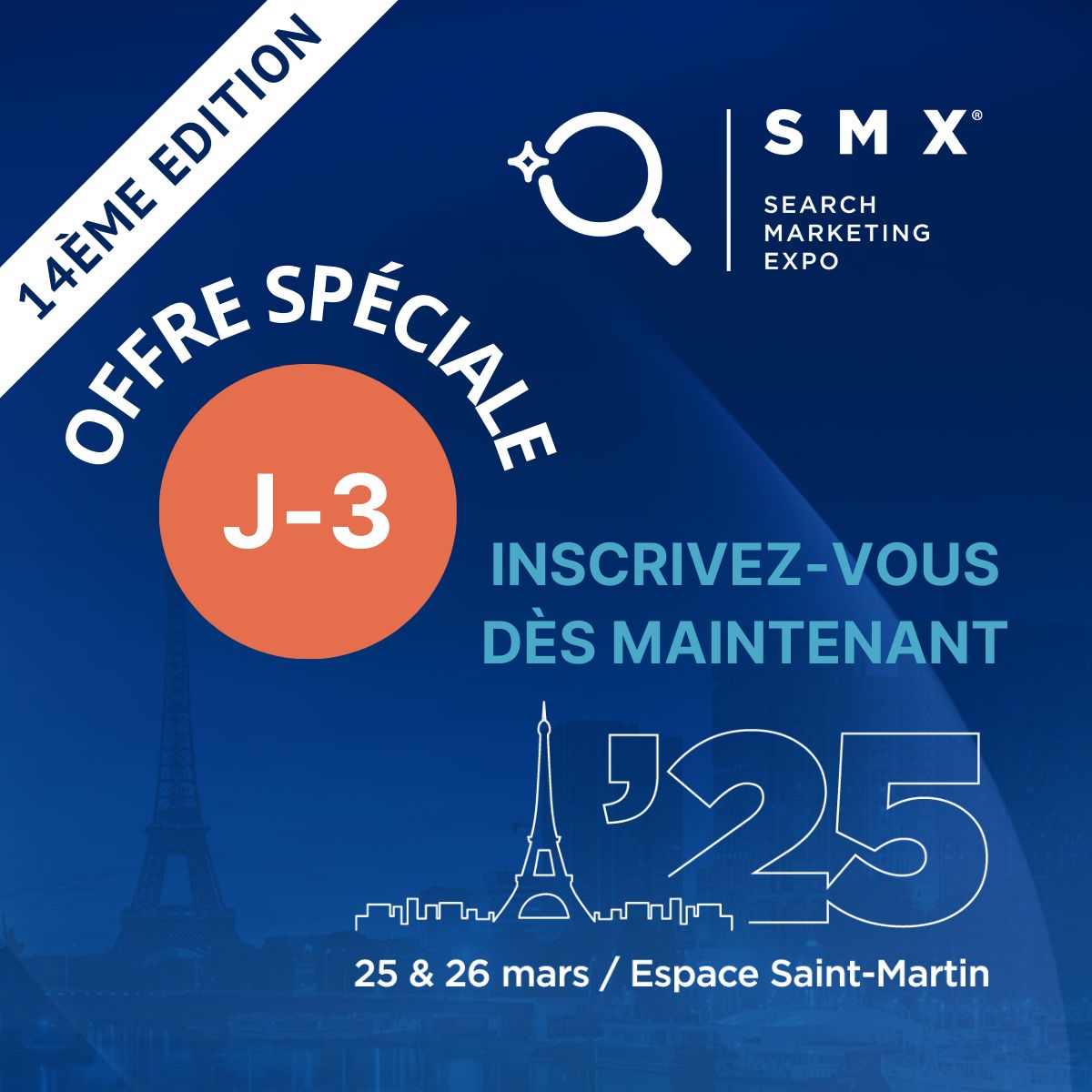 📣 3 jours, c’est le temps qu’il vous reste pour vous inscrire au SMX avec l’offre spéciale !  

Pour rappel le SMX ce sont deux journées de série de conférences entièrement consacrées au search marketing. 

#SEO #SEA #SOCIALMEDIA  
➡️lnkd.in/gXRz_Ma