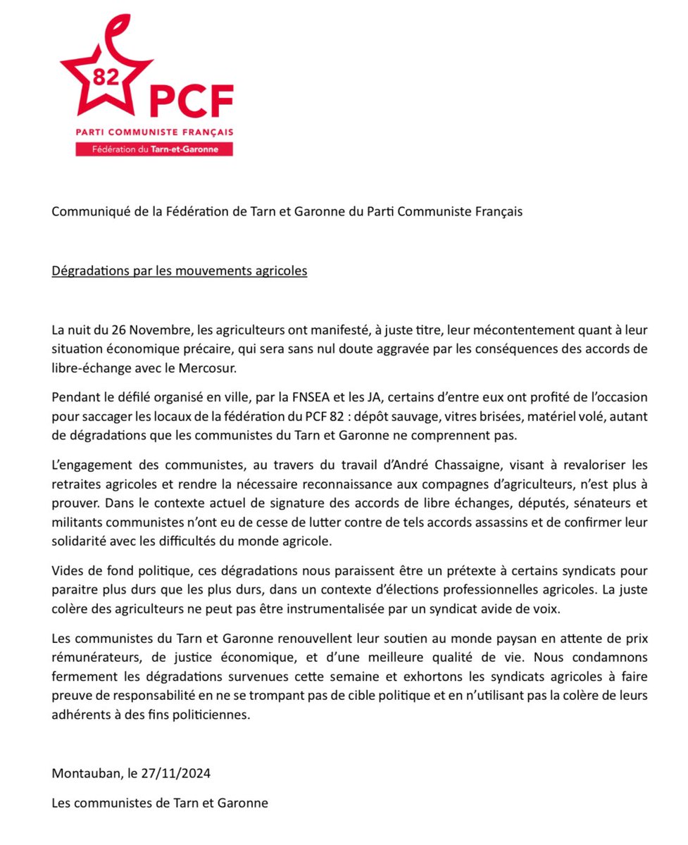 PCF_82's tweet photo. 🔴 Communiqué 
Nous condamnons fermement les dégradations contre nos locaux à Montauban la nuit dernière lors des manifestations agricoles.

Le PCF reste solidaire des agriculteurs et de leur combat, pour autant nous condamnons l'instrumentalisation politique de leur colère. https://t.co/KtASbpdh5j