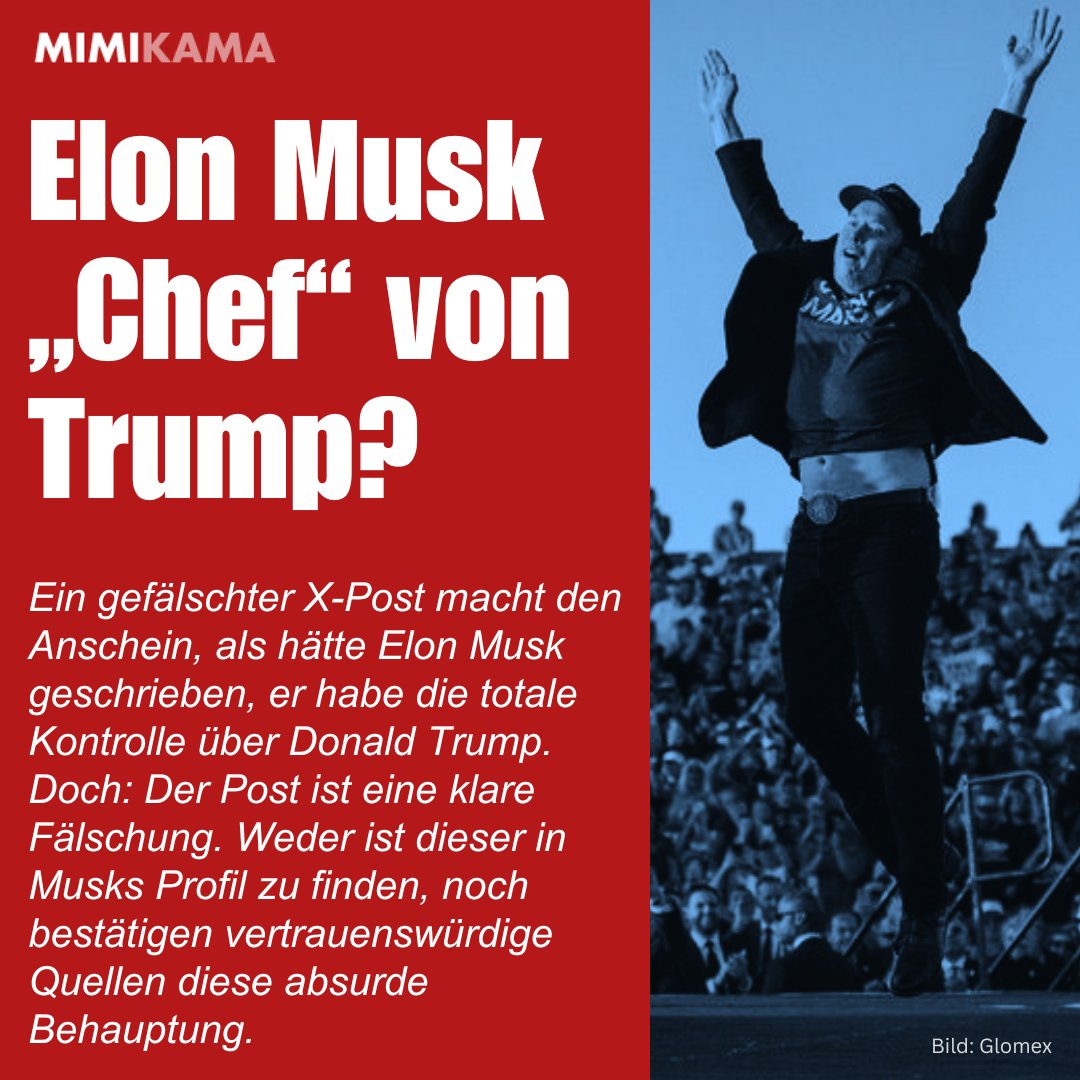 Elon Musk bezeichnet sich als "Chef" von Donald Trump? - Nein. Auch, wenn viele ihm das vielleicht zutrauen würden: Der angebliche Post, in dem Musk meint, Trump tue alles, was er ihm sagt, ist eine Fälschung und stammt nicht vom Tesla-CEO.
mimikama.org/fake-post-musk…