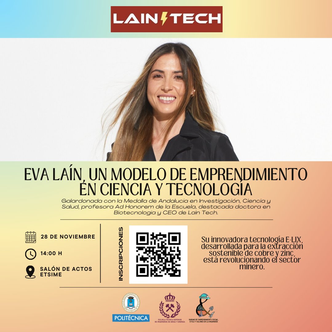 🌍 Jornada <a href="/UESEVI/">UESEVI UPM</a> con Eva Laín, profesora ad honorem de la ETSIME-UPM
El 28/11 a las 14:00, recibe inspiración de Eva Laín, CEO de <a href="/Lain_Tech/">Lain Technologies</a> y referente en minería sostenible.
📍 Salón de Actos, ETSIME-UPM
🔗 Inscripciones aquí: short.upm.es/offrt
#familiaMinera #somosupm