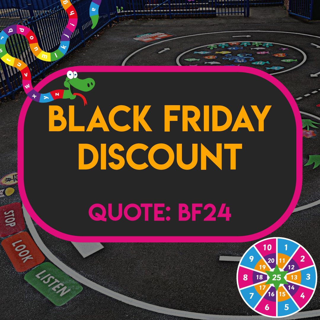 Enjoy a fantastic 10% #BlackFriday discount on all of our #playground markings including our special offers! 🌈✨ 

Transform your playground with vibrant designs and spark creativity in every step. 🤸‍♂️ Don't miss out, the offer ends Monday 2nd December!