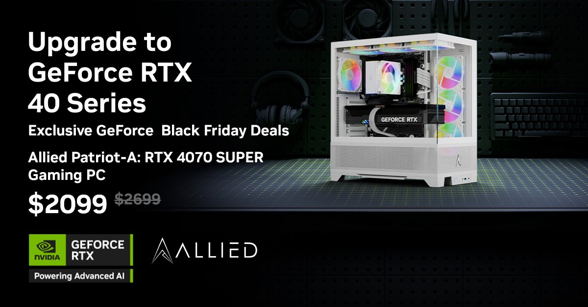 NVIDIA ANZ (@nvidiaanz) on Twitter photo Save $600 on the <a href="/alliedgamingpc/">Allied Gaming</a> Patriot-A: GeForce RTX 4070 SUPER 12GB Gaming PC
Get it here for $2,099 π nvda.ws/3CPrQev
#BeyondFast #GeForceRTXPCs #PCSpotlight Save $600 on the <a href="/alliedgamingpc/">Allied Gaming</a> Patriot-A: GeForce RTX 4070 SUPER 12GB Gaming PC
Get it here for $2,099 π nvda.ws/3CPrQev
#BeyondFast #GeForceRTXPCs #PCSpotlight