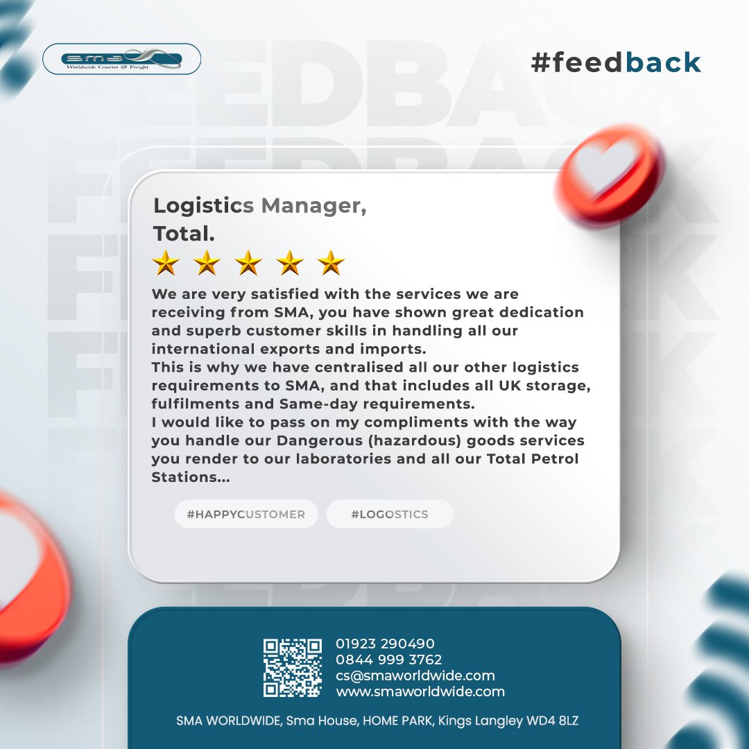 SMAWorldwideLtd's tweet image. 5-star service alert! 🌟🌟 🌟 🌟 🌟     
It’s always rewarding to hear how we’re making a difference 💪     
Your kind words fuel our drive to go above and beyond for all our customers, every single day. 🙌    

#CustomerLove #5StarService #LogisticsDoneRight #HappyCustomer
