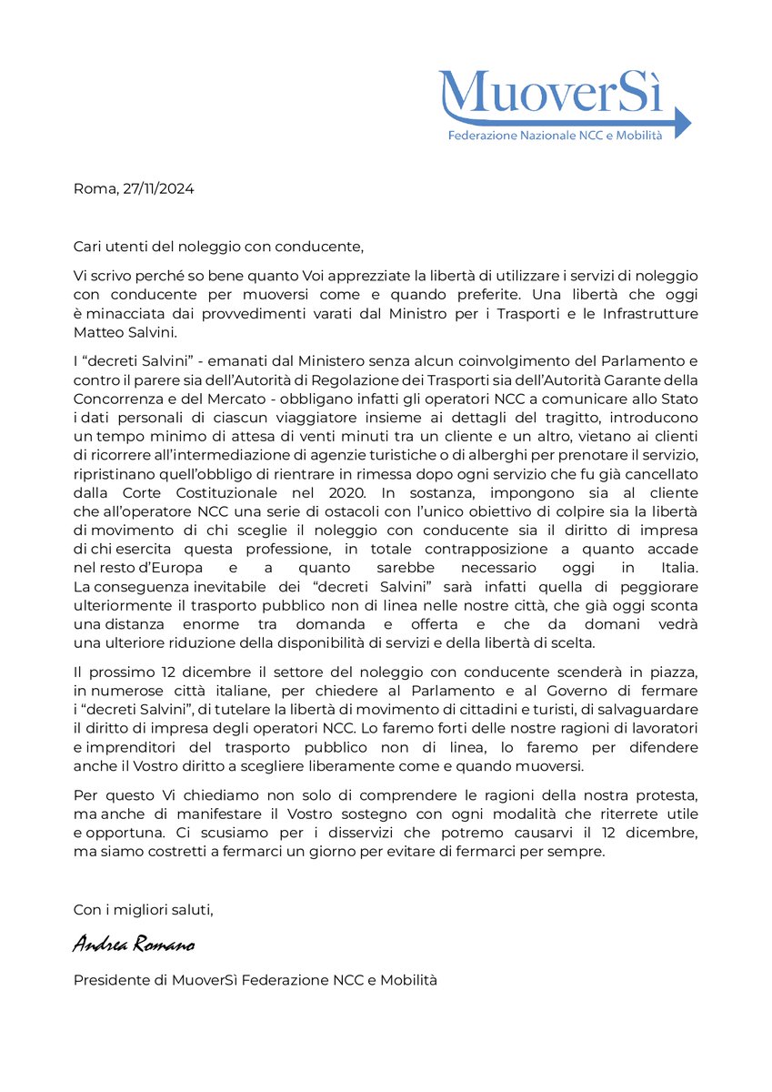 FMuoverSi's tweet photo. Il prossimo #12Dicembre il settore del noleggio con conducente scenderà in piazza. 

Ci scusiamo per i disservizi che potremo causarvi, ma siamo costretti a fermarci un giorno per evitare di fermarci per sempre.

#NCC #Mobility https://t.co/Z6U6Zd5U0G