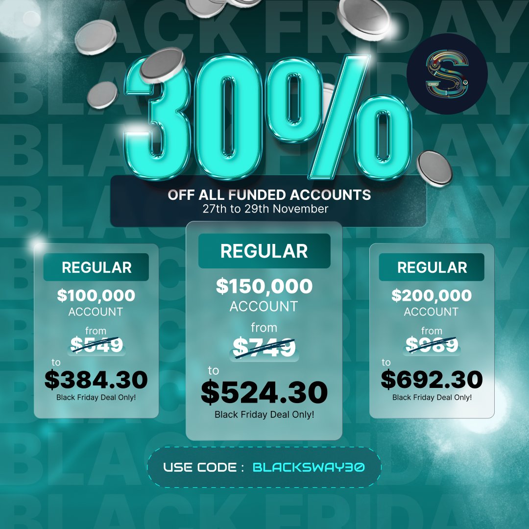 Enjoy of 30% Off in all Funded Account Challenges! 

🖤 30% OFF ALL Funded Account Challenges
⏰ From:  November 27th, 12:00 PM CET (6:00 AM EST)
⏰ Until: November 29th, 12:00 AM CET (6:00 PM EST on November 28th)
Use Code: BLACKSWAY30 at checkout!
swayfunded.com