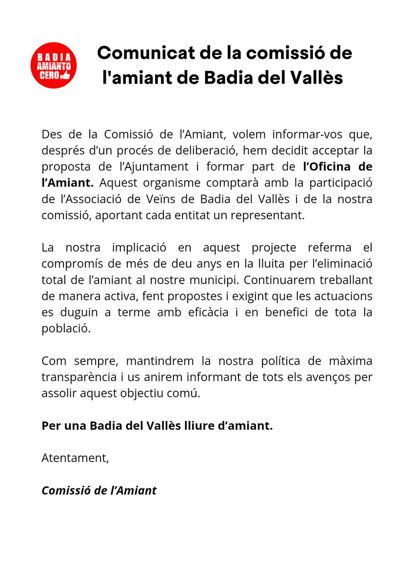 Comunicat de la Comissió de l’Amiant a la població de Badia del Vallès

Comunicado de la Comisión del Amianto a la población de Badia del Vallès
#BadiadelVallès #Badia #AmiantoZero #LliuredAmiant #ComissióAmiant #ComisiónAmianto