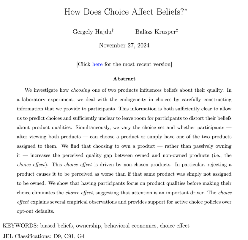 🚀 I am on the #EconJobMarket! 

📜 In my JMP, I study how choosing a product shapes beliefs about product qualities, using a  novel experimental design.

🌐 To read about this project or my work on Choice-induced Sticky Learning and more, visit: sites.google.com/view/gergelyha…