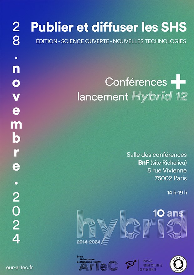 Au plaisir de vous voir demain, jeudi 28 novembre, pour les 10 ans de la revue Hybrid (<a href="/EURArTeC/">ArTeC</a> ). Nous lancerons le numéro 12 sur les mèmes avec <a href="/laurenceallard/">Il est temps d'être heureux ! Don't feed the troll</a> et Gabriele Stera!

eur-artec.fr/evenements/10-…