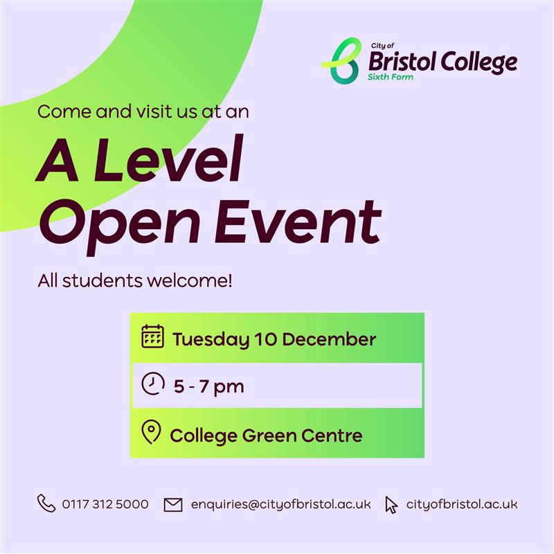Come and visit us at our next A Level Open Event!🎓✨

🗓️ Tuesday 10 December
🕑 5pm - 7pm
📍 College Green Centre

Book your slot now to secure your place!🔗: loom.ly/YaUDg-U

#MyBristolCollege #WhereNext #OpenEvent #ALevels