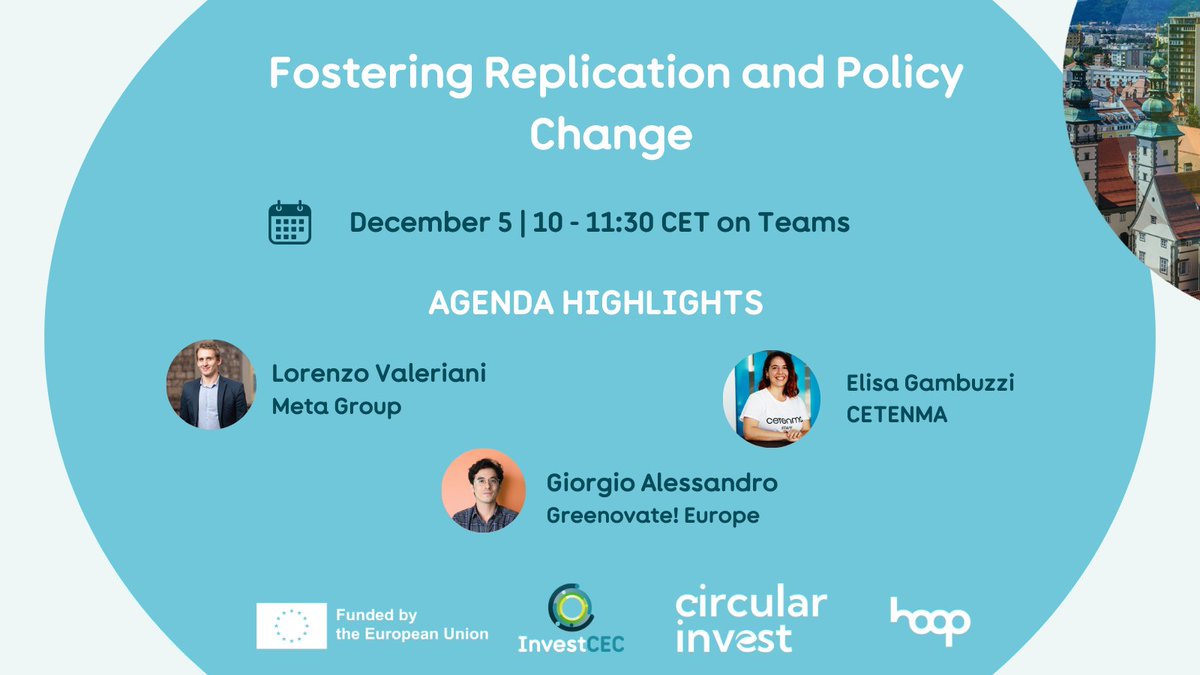 Greenovate! Europe (@greenovateeu) on Twitter photo 🌍Interested in solutions for advancing the #CircularEconomy in cities & regions?
Don't miss this webinar drawing insights from <a href="/InvestCEC/">InvestCEC project 🇪🇺</a>, <a href="/hoop_eu/">HOOP Project 🇪🇺 #UrbanBioeconomy</a> & #CircularInvest to learn how to unlock funding in diverse contexts
📍5 December | 10:00-11:30 CET
✅investcec.eu/part-four-of-t… 🌍Interested in solutions for advancing the #CircularEconomy in cities & regions?
Don't miss this webinar drawing insights from <a href="/InvestCEC/">InvestCEC project 🇪🇺</a>, <a href="/hoop_eu/">HOOP Project 🇪🇺 #UrbanBioeconomy</a> & #CircularInvest to learn how to unlock funding in diverse contexts
📍5 December | 10:00-11:30 CET
✅investcec.eu/part-four-of-t…