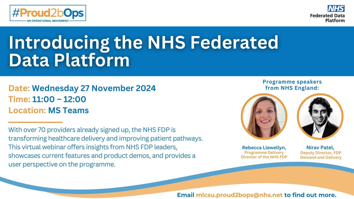 Proud2bOps - National Network (@proud2bops) on Twitter photo Join us for ‘Introducing the NHS FDP’ webinar! Hear from <a href="/NHSEngland/">NHS England</a> leaders Rebecca Llewellyn & Nirav Patel on transforming healthcare delivery through innovative use of data and technology.
📅 27 November
🕰️ 11:00 – 12:00
📍 MS Teams
📧 For info: mlcsu.proud2bops@nhs.net Join us for ‘Introducing the NHS FDP’ webinar! Hear from <a href="/NHSEngland/">NHS England</a> leaders Rebecca Llewellyn & Nirav Patel on transforming healthcare delivery through innovative use of data and technology.
📅 27 November
🕰️ 11:00 – 12:00
📍 MS Teams
📧 For info: mlcsu.proud2bops@nhs.net