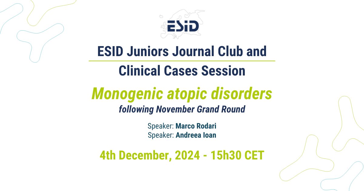 ESID (@esidsociety) on Twitter photo What’s next in understanding monogenic atopic disorders?
The next ESID Juniors JC and CC session will continue the discussion from November’s Grand Round.
Speakers: Marco Rodari, Adreea Ioan, and Grand Round expert <a href="/laiaalsina_/">Laia Alsina Manrique de Lara</a>.
Moderator: <a href="/S_Delafontaine/">Selket Delafontaine</a>.
bit.ly/49aYx26 What’s next in understanding monogenic atopic disorders?
The next ESID Juniors JC and CC session will continue the discussion from November’s Grand Round.
Speakers: Marco Rodari, Adreea Ioan, and Grand Round expert <a href="/laiaalsina_/">Laia Alsina Manrique de Lara</a>.
Moderator: <a href="/S_Delafontaine/">Selket Delafontaine</a>.
bit.ly/49aYx26