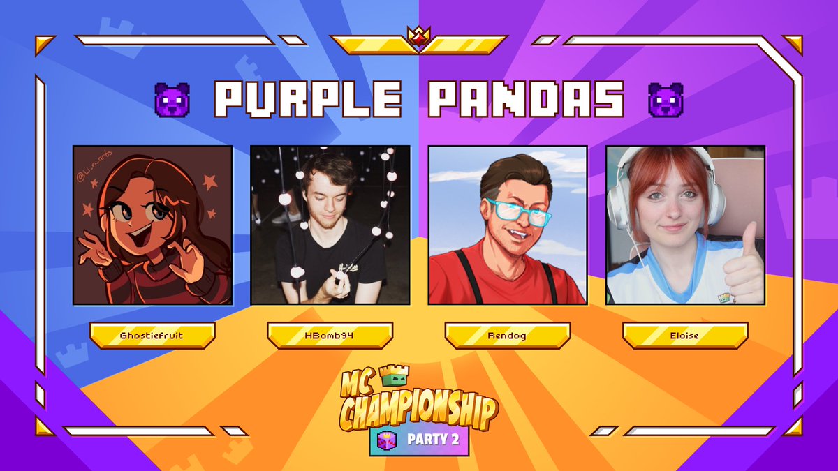 👑 Announcing team Purple Pandas 👑

<a href="/ghostiefruit/">ghostie</a> <a href="/HBomb94/">HBomb94</a> <a href="/renthedog/">Rendog</a> <a href="/soupforeloise/">eloise</a> 

Watch them in MCC on Saturday 7th December at 8pm GMT!