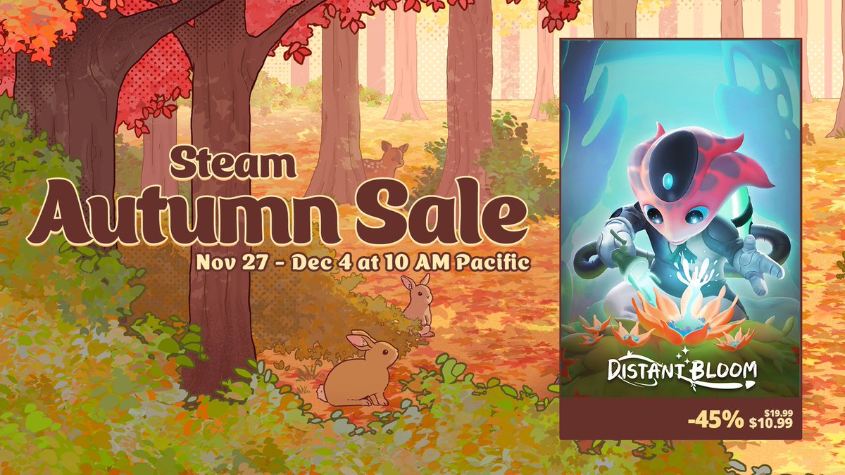🌺 Distant Bloom is now 45% off! Dive into the Steam Autumn Sale before December 4th! 🍁

store.steampowered.com/app/1450250/Di…

#SteamAutumnSale #SteamSale #SteamDeals #IndieGame #IndieDev #CozyGames #WholesomeGames <a href="/AuroraPunks/">Aurora Punks</a> <a href="/kindabrave_ent/">KindaBraveEntertainment</a> <a href="/_wholesomegames/">Wholesome Games</a>
