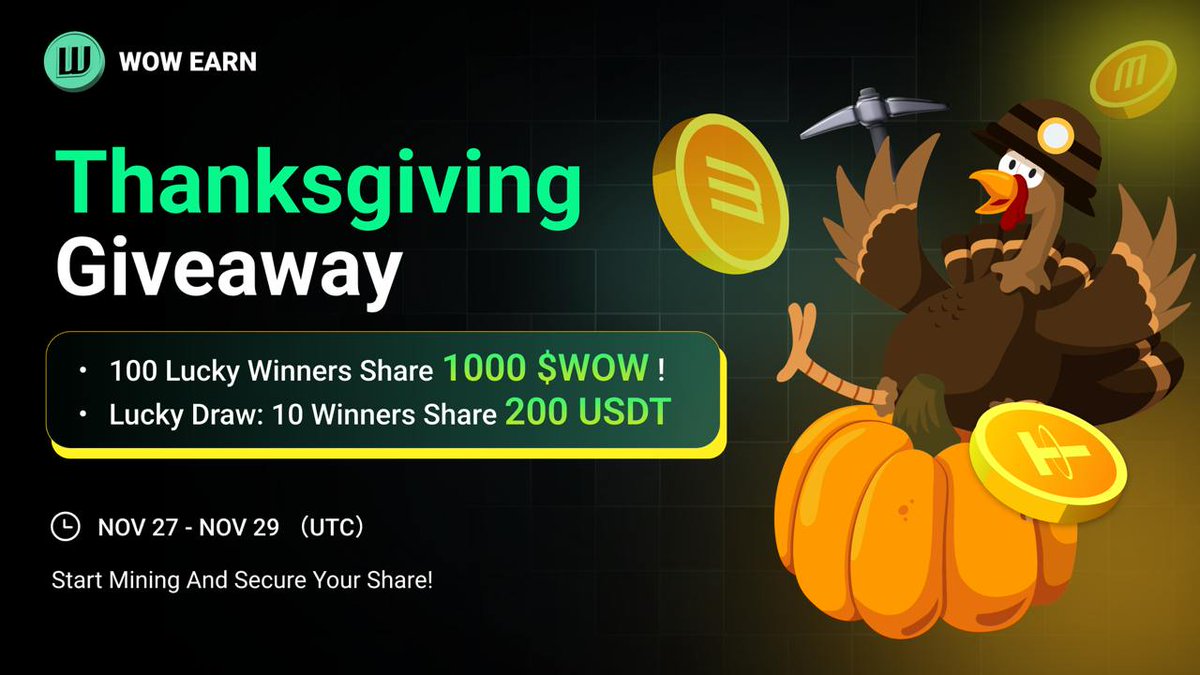 WOWEARNENG's tweet photo. 🍁✨ WOW EARN Thanksgiving Special Giveaway! 🍁✨

This Thanksgiving, we’re giving back with a 1000 $WOW + 200 USDT prize pool! 💸💥

📅 Event Duration: Nov 27 - Nov 29, 2024 (UTC)
🎁 Total Rewards:
👥 100 winners: 10 $WOW each
🎉 Lucky draw: 10 random participants get an extra 20 USDT!

How to Participate
1️⃣ Mine $WOW continuously for 3 days during the event ⛏️
2️⃣ Follow WOW EARN on Twitter
3️⃣ Like & Retweet this post
🔗 Join Now: https://t.co/Dxh0jpSlWq
🦃 Dig deep this Thanksgiving & win big! 🚀

#WOWEARN #ThanksgivingGiveaway #CryptoRewards #MiningChallenge