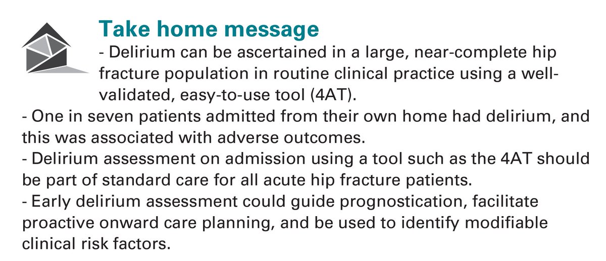 🦴 🧠 #Delirium affects 1 in 7 pts presenting with hip fracture  

➡️All older pts with hip fracture should be assessed for delirium ✳️on admission✳️  

⚠️ Don't wait until after the op, but do check post-op too   

🔗 boneandjoint.org.uk/Article/10.130… #WDAD2024