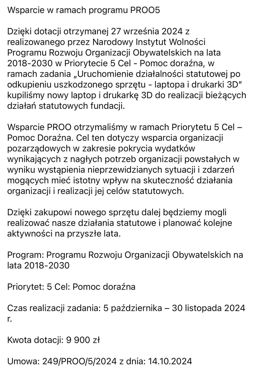 FundationCODEBY's tweet photo. Otrzymaliśmy dotację 27 września 2024 z realizowanego przez Narodowy Instytut Wolności Programu Rozwoju Organizacji Obywatelskich na lata 2018-2030 w Priorytecie 5 Cel - Pomoc doraźna 😀 https://t.co/DbmD2ZeqXq