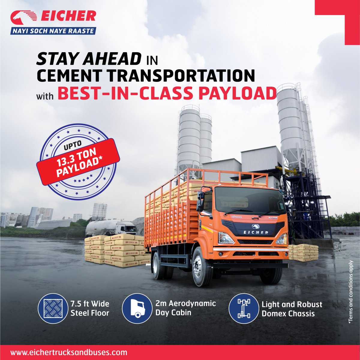 ETBIndia's tweet photo. Stay Ahead in cement transportation with the best in class payload of Eicher PRO 2119 that goes up to 13.3 ton.
Know More: https://t.co/cVrSOSk993
#EicherBSVI #EUTECH6 #HCVTrucks #HighPower #MaximumUptime #MyEicher #HeavyTrucks #TankCapacity #EicherTrucksAndBuses #Eicher https://t.co/5jflpcy9Mg