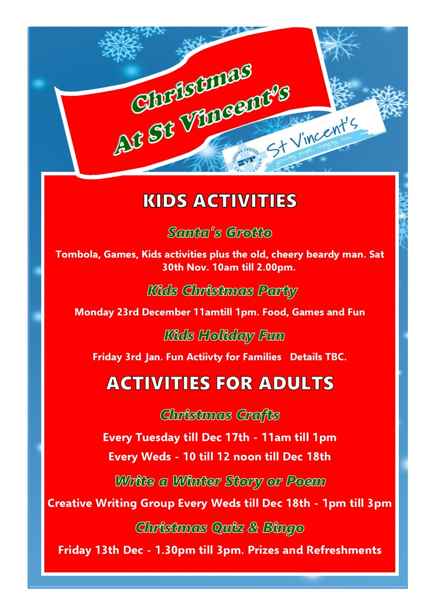 StVincentsLeeds's tweet photo. 🎉🎄 Check out our December activities below! We hope they’ll get you in the festive spirit! 🎅✨
If not, at least you’ll have a cozy place to escape the chill. Can’t wait to see you all! ❤️
#FestiveFun #DecemberActivities https://t.co/n5P61eE0KM