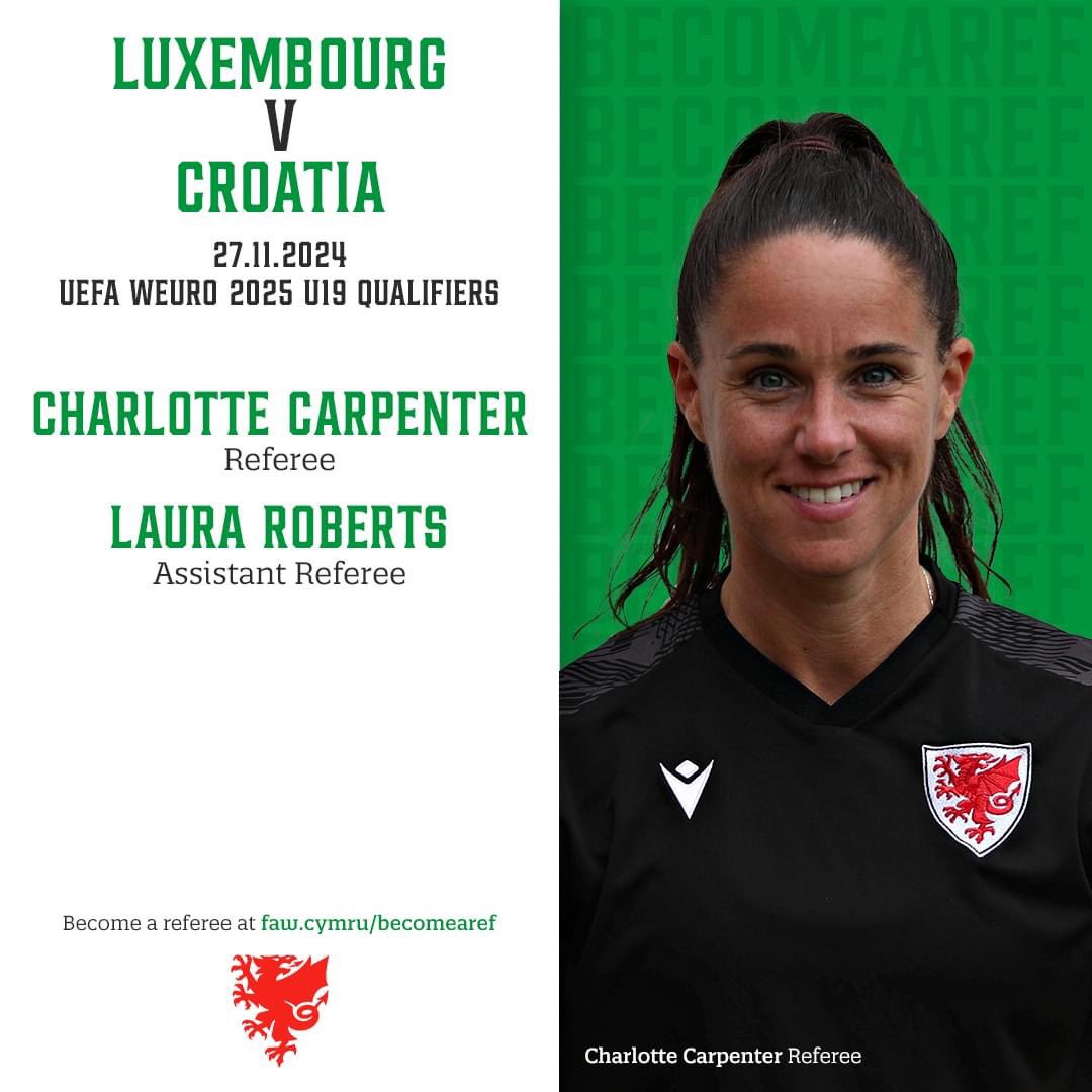🏆 UEFA Women’s Euro 2025 U19s Qualifiers

Charlotte Carpenter returns to European action as Luxembourg take on Croatia in the WEURO U19 qualifier. 

She is joined by Welsh colleague Laura Roberts, Laura Cordani (SMR) and Briet Bragadottir (ISR) 

Good luck!