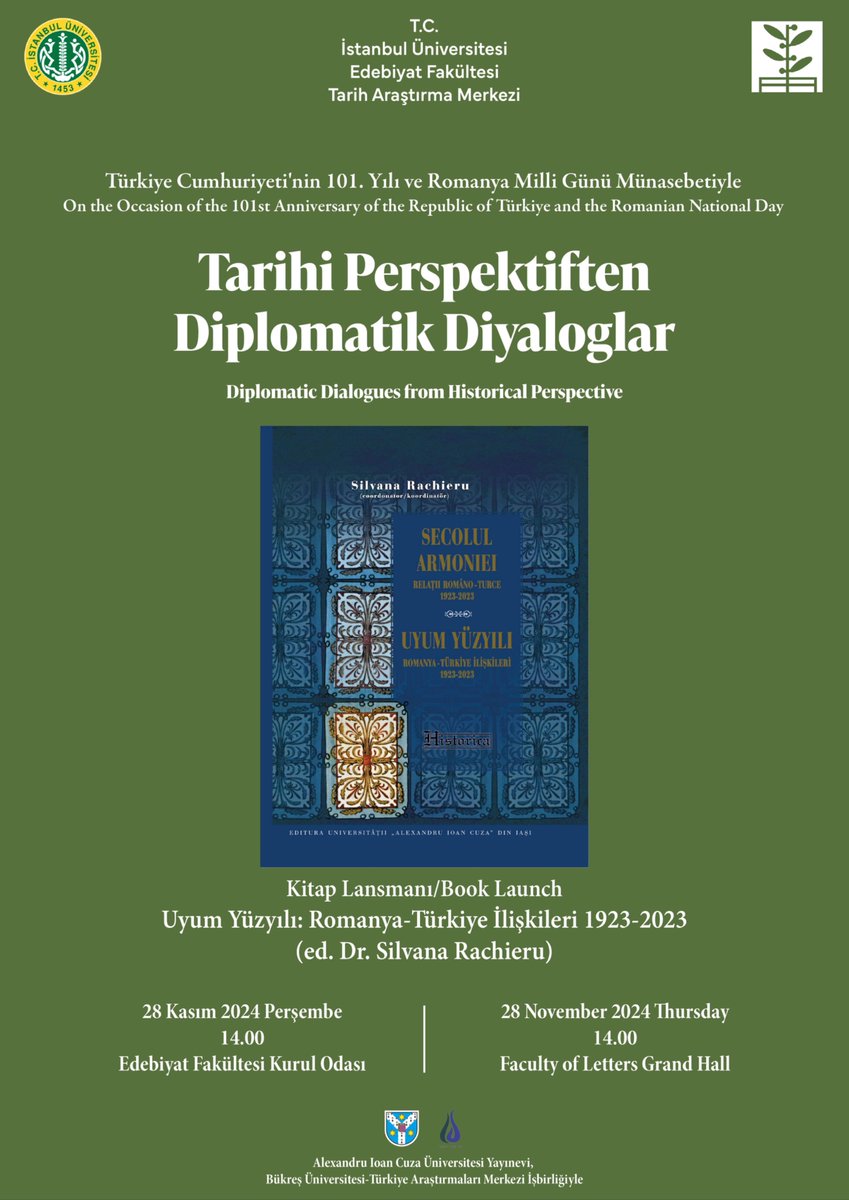 iueftam's tweet image. Tarihi Perspektiften Diplomatik Diyaloglar başlıklı toplantı 28 Kasım Perşembe günü saat 14.00'de Edebiyat Fakültesi Kurul Odasında yapılacaktır.