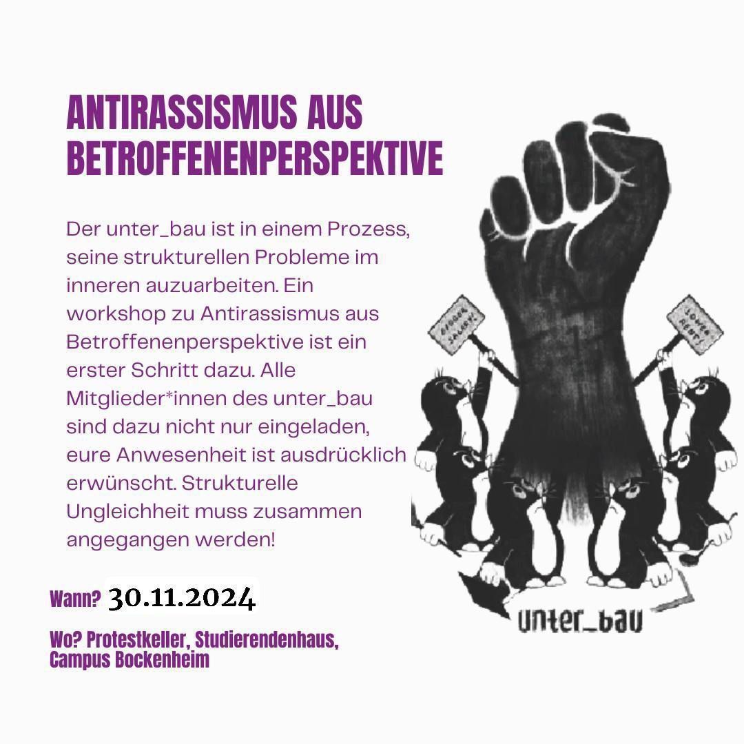 +++ Workshop zu Antirassismus aus Betroffenenperspektive +++
Wann? Samstag, 30.11., 10-14 Uhr
Wo? Protestkeller, Studierendenhaus, Campus Bockenheim

#unter_bau #GoetheUni #Gewerkschaft #Frankfurt #GoetheBrauchtTarif #Ffm @goetheunifrankfurt #unterbau