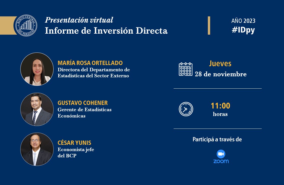 BCP_PY's tweet photo. EN VIVO | Presentación del Informe de Inversión Directa, correspondiente al año 2023.
#IDpy
Jueves | 28 | noviembre
11.00 horas
Transmisión vía Zoom:
https://t.co/C9488ku7U8 https://t.co/OtHiFPlaAs