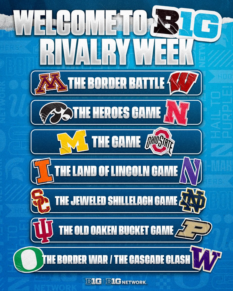 BigTenNetwork's tweet photo. RIVALRY WEEK IS HERE ‼️
Which @bigten rivalry game are you most excited to watch? 👇
#B1GFootball https://t.co/cNX1GFuXHr