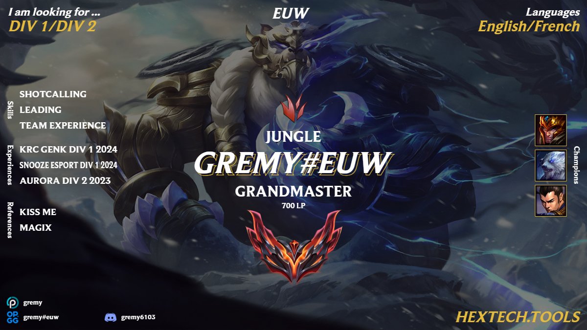 📷LFT POST JUNGLER📷
GM 700 LP Peak/Master 400 LP ATM    
-Flexible ChampionPool    
-Shootcalling/Leading    
-Adaptating playstyle (on the need of the team)    
- 2 Year experience in team     
-Consistent  RT AND Like are Appreciate Thanks  
<a href="/LFTDiscord/">LFT Discord - lol/val/rl</a> <a href="/LoL_LFT/">LoL Looking For Team 🇮🇹 🇪🇺</a> <a href="/LoL_LFT_Fr/">LoL LFT Fr</a>