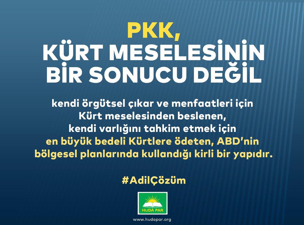 Kürt meselesi artık küresel bir boyut kazanmış büyük bir meseledir. 

Bu meselenin çözümü ancak, Kürtlerin içinden çıkan tüm ses ve renklerin muhatap alınması ile olur. 
Sadece, iradesi kendi elinde olmayan parti ve örgütler ile çözülebilecek bir mesele değildir.

#AdilÇözüm