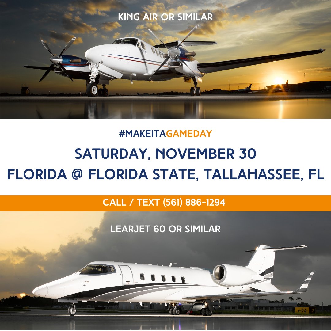 🏈✈️ 𝗪𝗲 𝗟𝗼𝘃𝗲 𝗖𝗼𝗹𝗹𝗲𝗴𝗲 𝗙𝗼𝗼𝘁𝗯𝗮𝗹𝗹! PRIVAIRA offers a Game Day Special Round-trip Private Jet Service: 𝗦𝗮𝘁𝘂𝗿𝗱𝗮𝘆, 𝗡𝗼𝘃𝗲𝗺𝗯𝗲𝗿 𝟯𝟬 Florida @ Florida State, Tallahassee, FL. To inqure call/text (561) 886 - 1294​

#PrivateJet #CollegeFootball #GameDay
