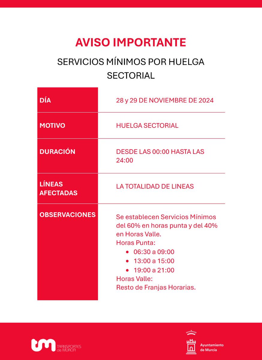 ⚠️ AVISO IMPORTANTE ⚠️

Los días 28 y 29 de noviembre se establecen Servicios Mínimos del 60 % en horas punta y del 40 % en horas valle por huelga sectorial. 

Disculpen las molestias.