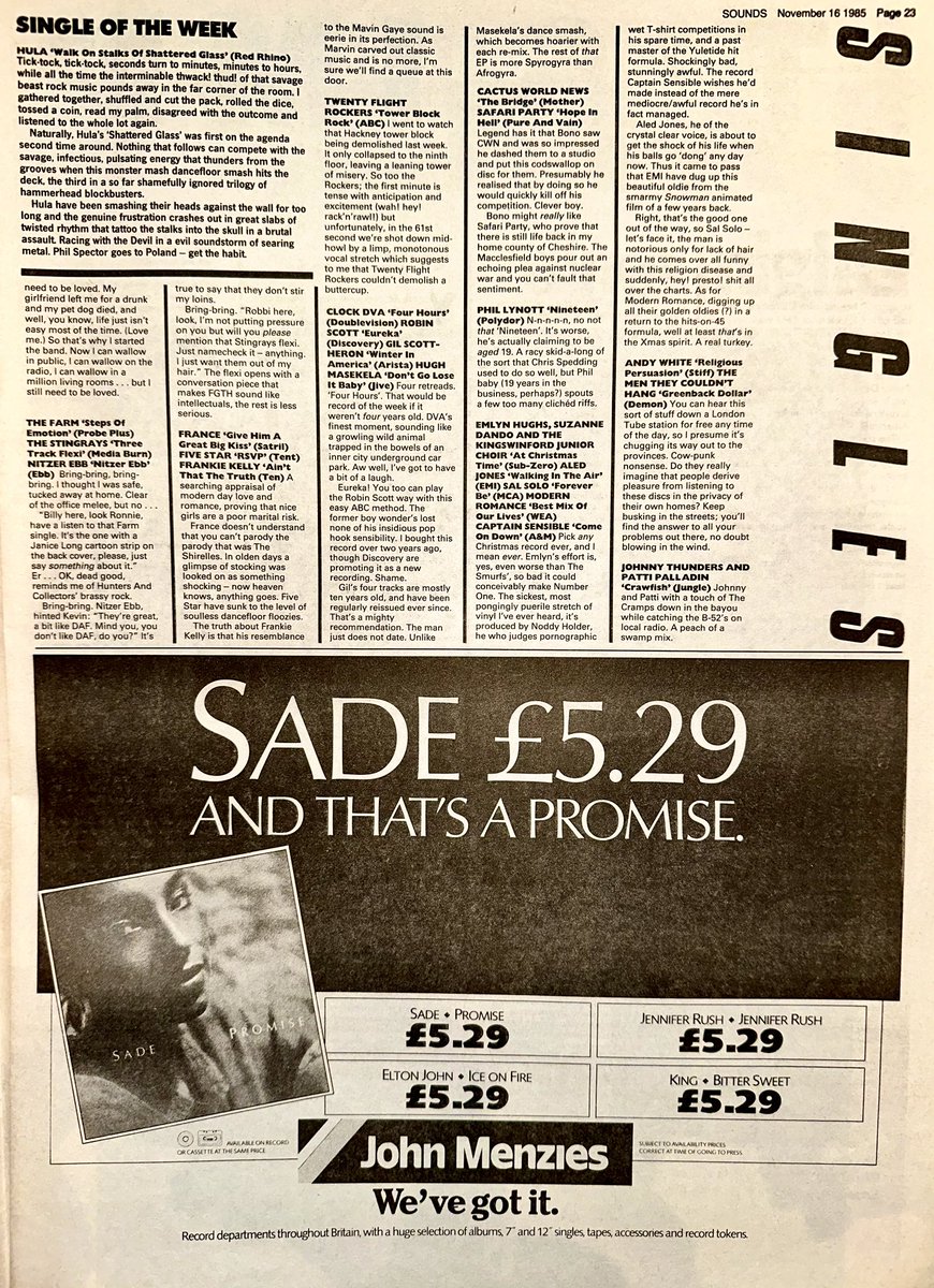 ZoundsAbound's tweet image. The Singles pile this week is in the hands of Ronnie Randall &amp;amp; his fave is ‘Walk On Stalks Of Shattered Glass’ by #Hula.

Other releases reviewed from @cocteautwins #TheDreamAcademy @WhamOfficial_ @anne_pigalle @TheFarm_Peter #ClockDVA &amp;amp; #SalSolo 

Sounds Nov 16th 1985