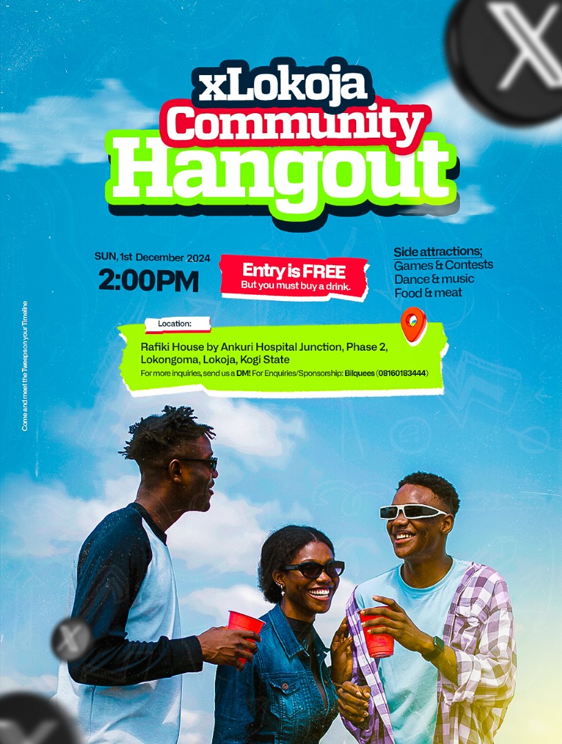 BlessedAdejo's tweet photo. Are you on X &amp; based in Lokoja? 

Join us this Sunday 1st December 2024 for the maiden edition of XLokoja community hangout.

Let's know you're coming by following https://t.co/YSFghzHNep 

Invite your friends too. https://t.co/LPXnRLTsZT