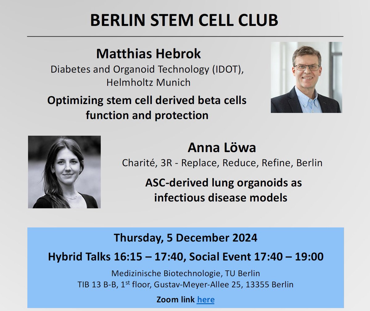 GSCN (@gscn_office) on Twitter photo Invitation: The upcoming hybrid Berlin Stem Cell Club is on 5 Dec. at 16:15 and we are excited about the speakers Matthias Hebrok <a href="/HelmholtzMunich/">Helmholtz Munich | @HelmholtzMunich</a> and Anna Loewa <a href="/ChariteBerlin/">Charité - Universitätsmedizin Berlin</a> about aspects of research on #diabetes and #organoids. Please join on-site or online! All Invitation: The upcoming hybrid Berlin Stem Cell Club is on 5 Dec. at 16:15 and we are excited about the speakers Matthias Hebrok <a href="/HelmholtzMunich/">Helmholtz Munich | @HelmholtzMunich</a> and Anna Loewa <a href="/ChariteBerlin/">Charité - Universitätsmedizin Berlin</a> about aspects of research on #diabetes and #organoids. Please join on-site or online! All