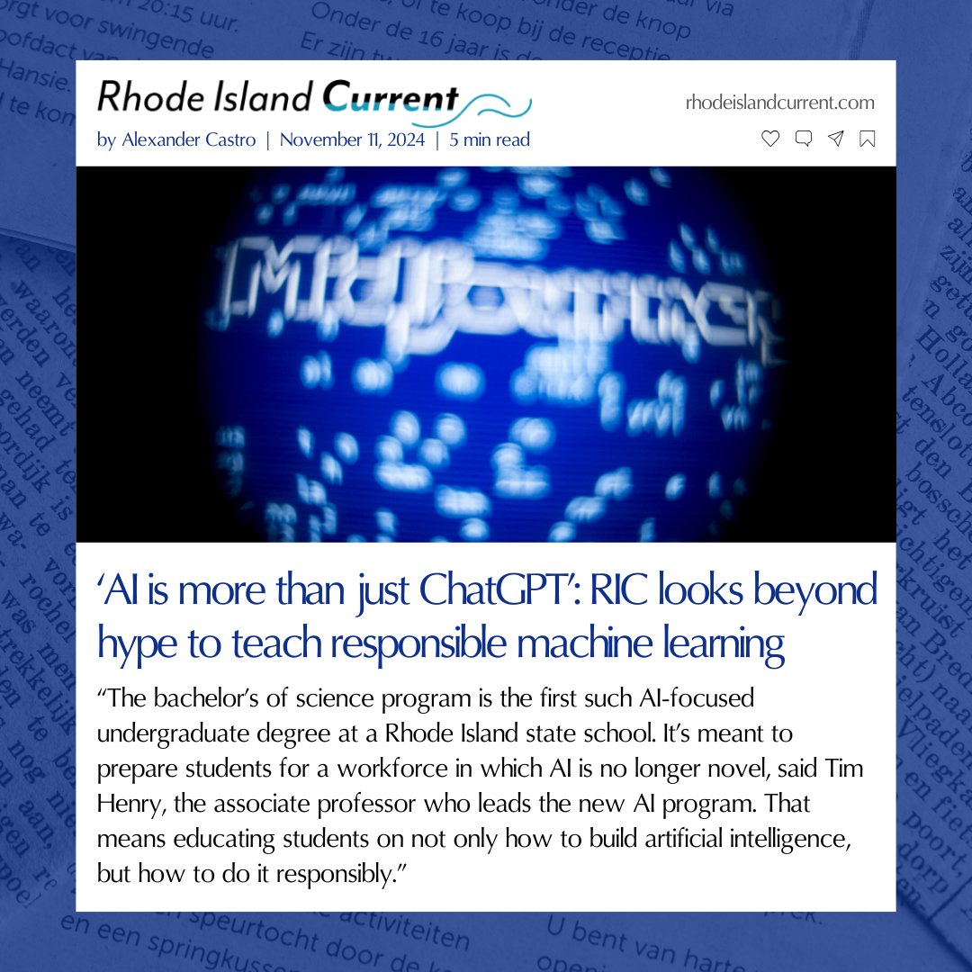 New Harbor Group (@newharborgroup) on Twitter photo .<a href="/RIC_CyberInst/">RIC Cyber Institute</a> at <a href="/RICNews/">Rhode Island College</a> launched a groundbreaking AI degree program that goes beyond the surrounding tools like ChatGPT. Instead, they prepare students to innovate and navigate the complexities of AI in our evolving workforce.
📰<a href="/RICurrent/">Rhode Island Current</a>: rhodeislandcurrent.com/2024/11/11/ai-… .<a href="/RIC_CyberInst/">RIC Cyber Institute</a> at <a href="/RICNews/">Rhode Island College</a> launched a groundbreaking AI degree program that goes beyond the surrounding tools like ChatGPT. Instead, they prepare students to innovate and navigate the complexities of AI in our evolving workforce.
📰<a href="/RICurrent/">Rhode Island Current</a>: rhodeislandcurrent.com/2024/11/11/ai-…