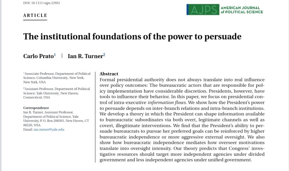 New article with <a href="/carloprato_/">Carlo Prato</a> now online at <a href="/AJPS_Editor/">AJPS</a>: doi.org/10.1111/ajps.1…

Come for a nuanced argument about institutional constraints on presidential power, stay for Bayesian Persuasion with endogenous partial commitment. 

And, as always: read it, cite it, love it.