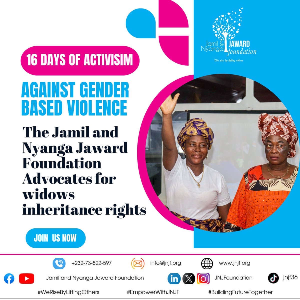 Did you know that widows have inheritance rights in Sierra Leone? Yet, many are still denied these rights, leaving them vulnerable to economic abuse and inequality.
Visit us at: jnjf.org 
#EndViolence #WidowsRightsMatter #InheritanceRights #EmpowerWidows #HumanRigh